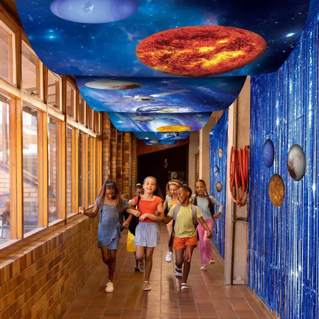 Alt view image 5 of 7 - Space Ceiling Decoration Set Galaxy Hanging Backdrop Solar System Party Decorations with Blue Foil Fringe Curtains Planet Stickers for Classroom Church Space Theme VBS 2026 Party Decor