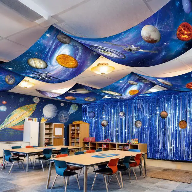 Alt view image 4 of 7 - Space Ceiling Decoration Set Galaxy Hanging Backdrop Solar System Party Decorations with Blue Foil Fringe Curtains Planet Stickers for Classroom Church Space Theme VBS 2026 Party Decor
