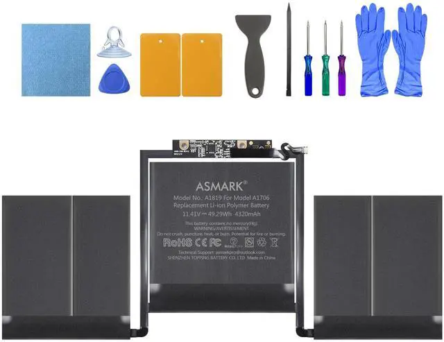 Main image of Replacement Battery for MacBook Pro A1706, 13-Inch, 2016-2017 | A1819 battery model, 11.41V 4320mAh 49.29Wh, EMC 3071/3163, up to 1000 cycles, tool kit, installation guide