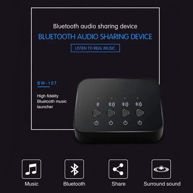 Alt view image 4 of 7 - Bluetooth 4.0 Audio Sharer Adapter, 3.5mm Stereo Music Sharing Device | 1 in 3 Out, Wired and Wireless Connection Modes