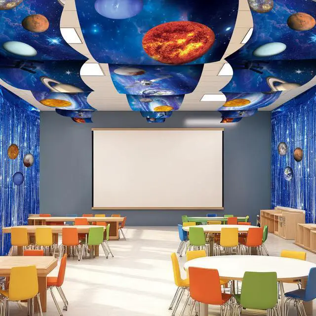 Alt view image 6 of 7 - Space Ceiling Decoration Set Galaxy Hanging Backdrop Solar System Party Decorations with Blue Foil Fringe Curtains Planet Stickers for Classroom Church Space Theme VBS 2026 Party Decor