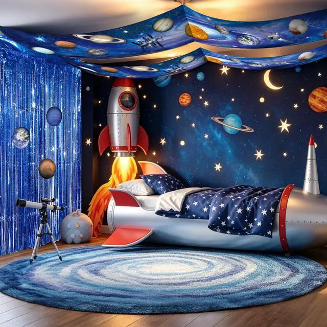 Alt view image 7 of 7 - Space Ceiling Decoration Set Galaxy Hanging Backdrop Solar System Party Decorations with Blue Foil Fringe Curtains Planet Stickers for Classroom Church Space Theme VBS 2026 Party Decor