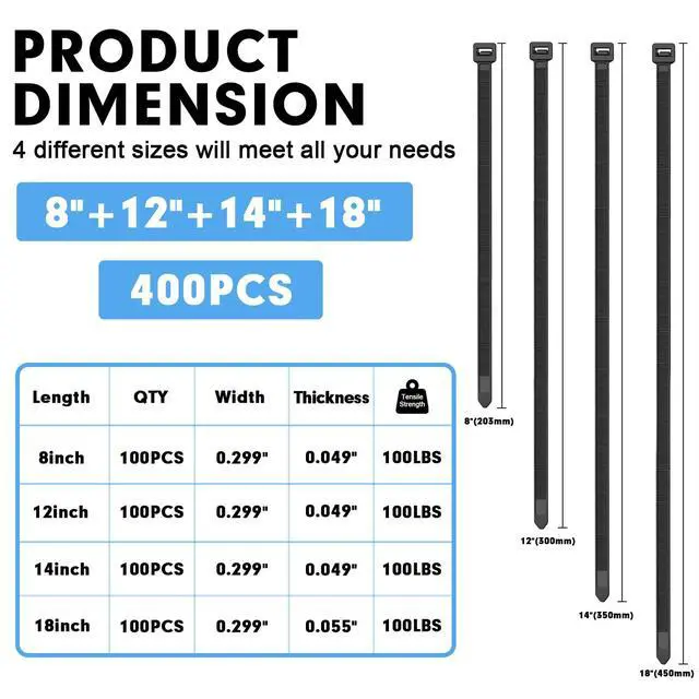 Alt view image 2 of 7 - Zip Ties Assorted Sizes, 400 Pack (8+12+14+18Inch) Black Cable Ties, Self-Locking Plastic Wire Ties with 100lb Tensile Strength, Black Nylon Zip Ties for Indoor and Outdoor