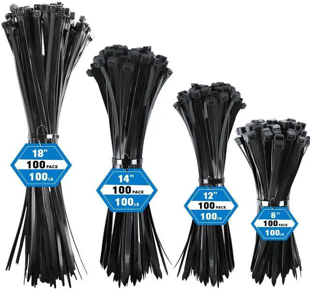 Main image of Zip Ties Assorted Sizes, 400 Pack (8+12+14+18Inch) Black Cable Ties, Self-Locking Plastic Wire Ties with 100lb Tensile Strength, Black Nylon Zip Ties for Indoor and Outdoor