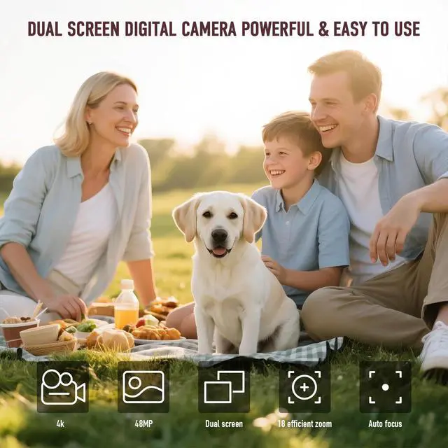 Alt view image 2 of 7 - Digital Camera, 4K 48MP Autofocus Dual Screen for Selfies, 18X Zoom Fill Light, Portable Point and Shoot Camera with 32GB SD Card for Kids, Teens, Girls, Boys- Black