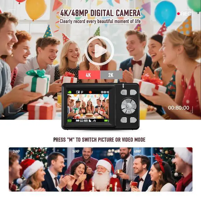 Alt view image 3 of 7 - Digital Camera, 4K 48MP Autofocus Dual Screen for Selfies, 18X Zoom Fill Light, Portable Point and Shoot Camera with 32GB SD Card for Kids, Teens, Girls, Boys- Black