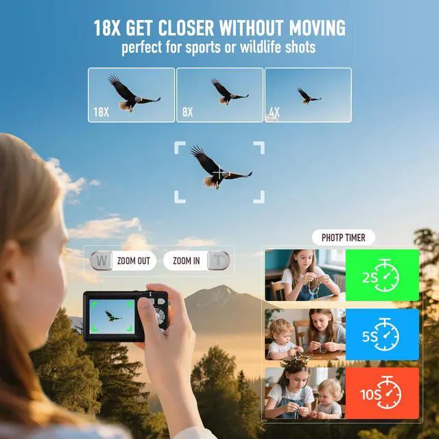 Alt view image 4 of 7 - Digital Camera, 4K 48MP Autofocus Dual Screen for Selfies, 18X Zoom Fill Light, Portable Point and Shoot Camera with 32GB SD Card for Kids, Teens, Girls, Boys- Black