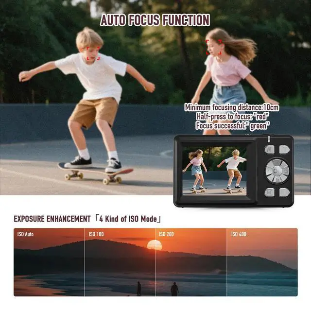 Alt view image 6 of 7 - Digital Camera, 4K 48MP Autofocus Dual Screen for Selfies, 18X Zoom Fill Light, Portable Point and Shoot Camera with 32GB SD Card for Kids, Teens, Girls, Boys- Black