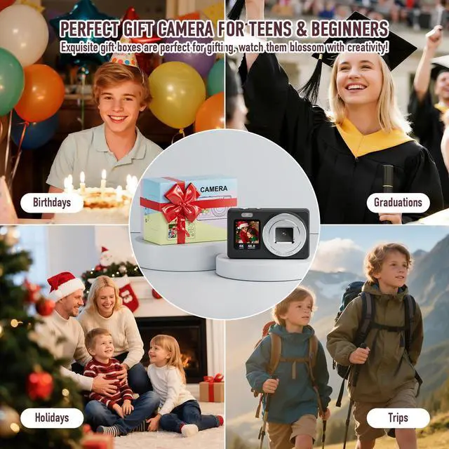 Alt view image 7 of 7 - Digital Camera, 4K 48MP Autofocus Dual Screen for Selfies, 18X Zoom Fill Light, Portable Point and Shoot Camera with 32GB SD Card for Kids, Teens, Girls, Boys- Black