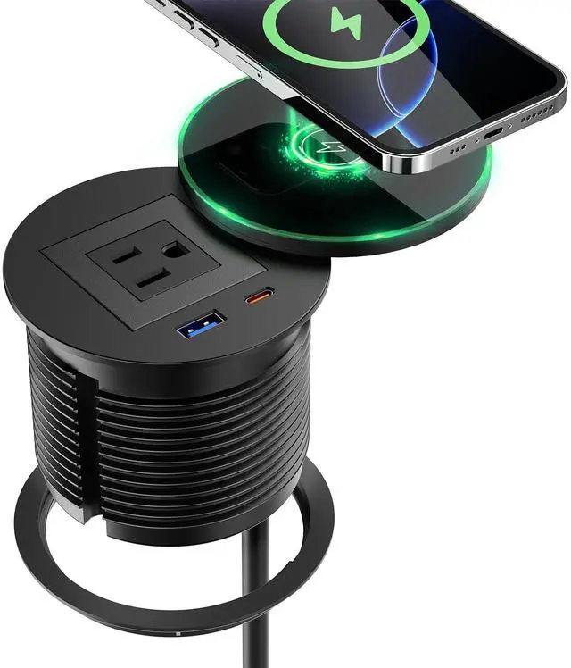 Main image of Recessed Power Grommet with 15W Wireless Charger, PD 30W USB-C Port, 1 AC Outlet, 3-1/8 Inch Flush Mount Power Strip for Furniture Nightstand Desk Outlet, ETL Listed