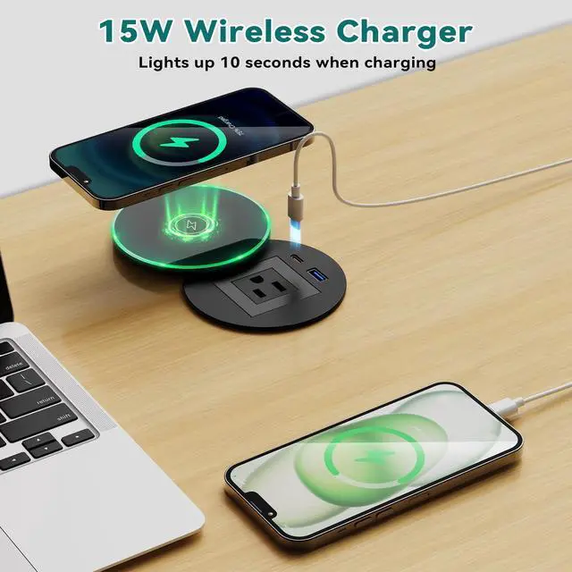 Alt view image 3 of 7 - Recessed Power Grommet with 15W Wireless Charger, PD 30W USB-C Port, 1 AC Outlet, 3-1/8 Inch Flush Mount Power Strip for Furniture Nightstand Desk Outlet, ETL Listed