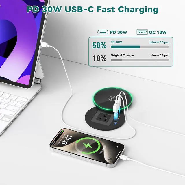 Alt view image 2 of 7 - Recessed Power Grommet with 15W Wireless Charger, PD 30W USB-C Port, 1 AC Outlet, 3-1/8 Inch Flush Mount Power Strip for Furniture Nightstand Desk Outlet, ETL Listed