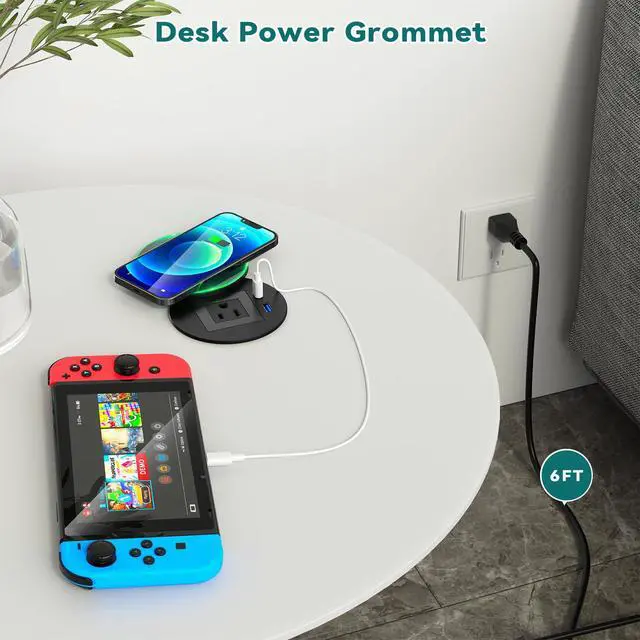 Alt view image 4 of 7 - Recessed Power Grommet with 15W Wireless Charger, PD 30W USB-C Port, 1 AC Outlet, 3-1/8 Inch Flush Mount Power Strip for Furniture Nightstand Desk Outlet, ETL Listed