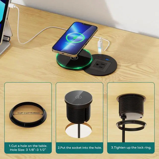 Alt view image 5 of 7 - Recessed Power Grommet with 15W Wireless Charger, PD 30W USB-C Port, 1 AC Outlet, 3-1/8 Inch Flush Mount Power Strip for Furniture Nightstand Desk Outlet, ETL Listed