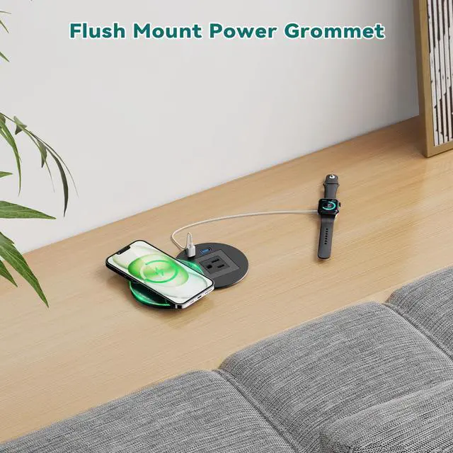 Alt view image 7 of 7 - Recessed Power Grommet with 15W Wireless Charger, PD 30W USB-C Port, 1 AC Outlet, 3-1/8 Inch Flush Mount Power Strip for Furniture Nightstand Desk Outlet, ETL Listed
