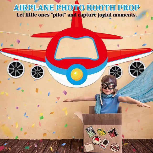 Alt view image 7 of 7 - Airplane Shaped Photo Prop Party Decoration Fabric Aircraft Photo Booth Prop Red Helicopter Plane Selfie Frame Backdrop for Baby Shower Birthday Party Supplies Photos Background Banner Decor 71×41Inch