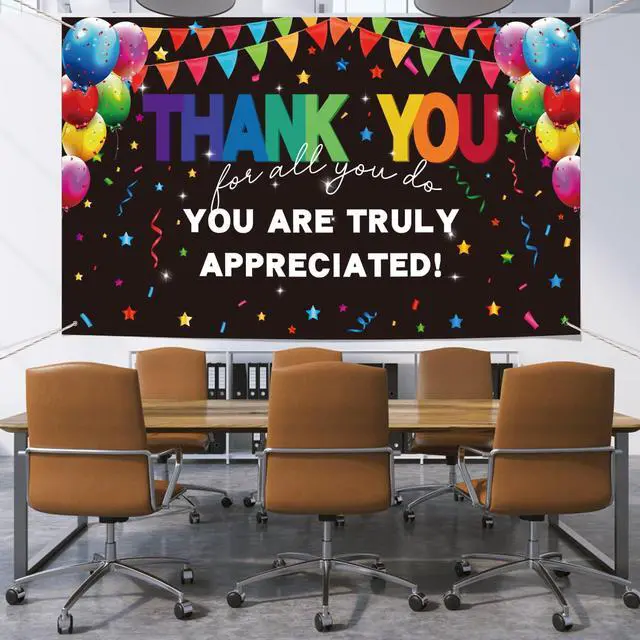 Alt view image 3 of 5 - 6×3.6ft Appreciation Banner for Work,Thank You Banner Backdrop,Appreciation Decoration for Employee Administrative Day Retirement Office Volunteer Teacher Professor Doctor Nurse & Staff Gifts,Black