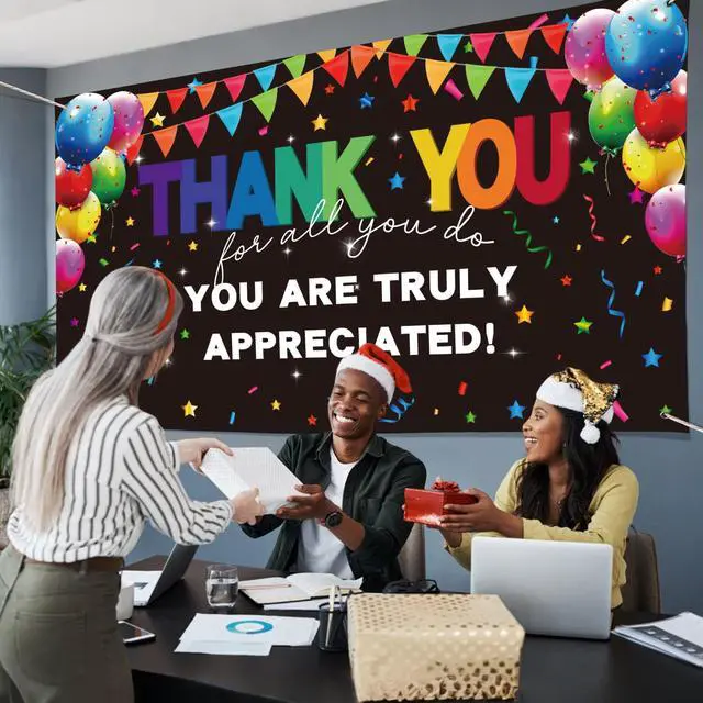 Alt view image 4 of 5 - 6×3.6ft Appreciation Banner for Work,Thank You Banner Backdrop,Appreciation Decoration for Employee Administrative Day Retirement Office Volunteer Teacher Professor Doctor Nurse & Staff Gifts,Black