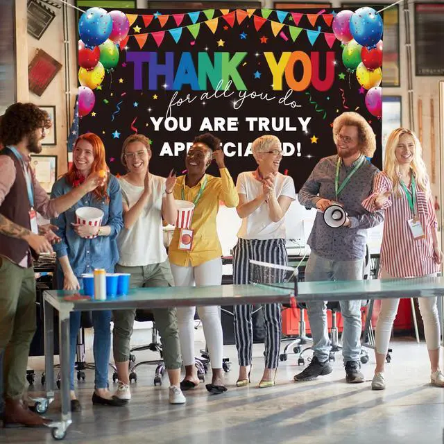 Alt view image 5 of 5 - 6×3.6ft Appreciation Banner for Work,Thank You Banner Backdrop,Appreciation Decoration for Employee Administrative Day Retirement Office Volunteer Teacher Professor Doctor Nurse & Staff Gifts,Black