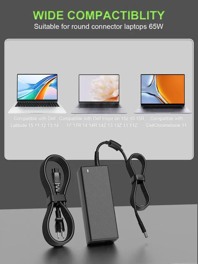 Alt view image 3 of 7 - 65W Charger 7.4mm Tip Compatible with Dell Latitude 7480 3120 5400 3190 3140 5480 e7450 Chromebook 3180 3189 3120 inspiron-15r 17r 3521 1545 n5110 Laptop