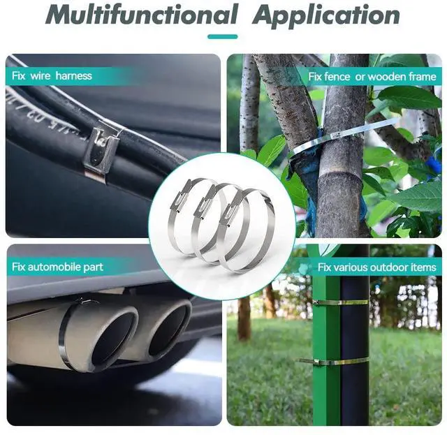 Alt view image 2 of 6 - Metal Zip Ties 200PCS 11.8 inch 304 Stainless Steel Locking Cable 250LB 300mm Heavy Duty Exhaust Wrap Multi Purpose Binding for machinery, vehicles, farms, cables, pipes,Fence (200PCS)