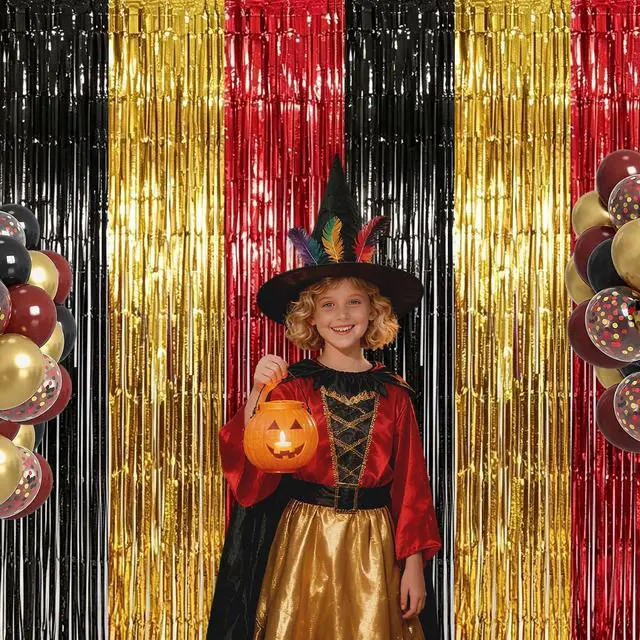 Alt view image 4 of 6 - Red Black Gold Foil Fringe Curtains Birthday Party Decorations, 2 Pack | 3.28 x 6.56 Ft Magical Tinsel Streamer Backdrop Banner Photo Booth Props for Cartoon Theme Casino Graduation Party Decor