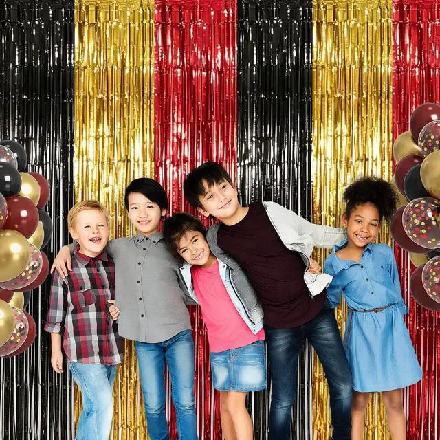 Alt view image 5 of 6 - Red Black Gold Foil Fringe Curtains Birthday Party Decorations, 2 Pack | 3.28 x 6.56 Ft Magical Tinsel Streamer Backdrop Banner Photo Booth Props for Cartoon Theme Casino Graduation Party Decor