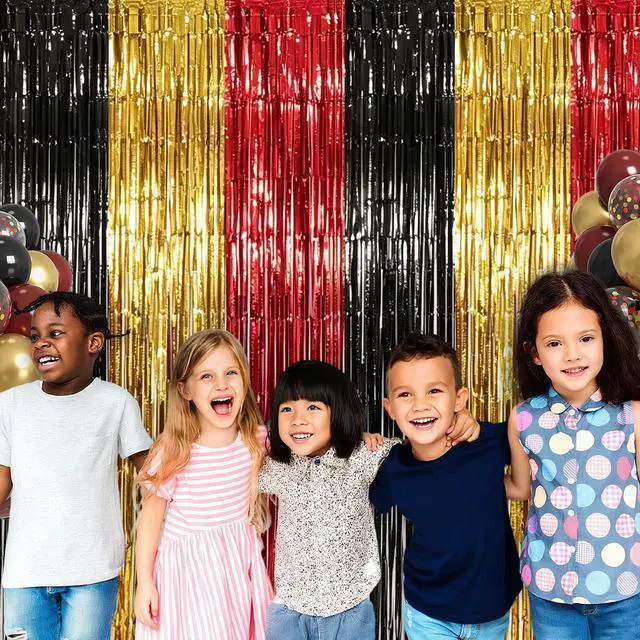 Alt view image 6 of 6 - Red Black Gold Foil Fringe Curtains Birthday Party Decorations, 2 Pack | 3.28 x 6.56 Ft Magical Tinsel Streamer Backdrop Banner Photo Booth Props for Cartoon Theme Casino Graduation Party Decor