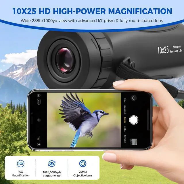 Alt view image 2 of 7 - 10x25 Monocular Compact Multi-Coated BAK7 Prism&Twist-Up Eyecup | Waterproof Fogproof Shockproof for Camping Wildlife,Multi-Coated Optics,Rubber Armor,Non-Slip Grip,Lightweight & Portable
