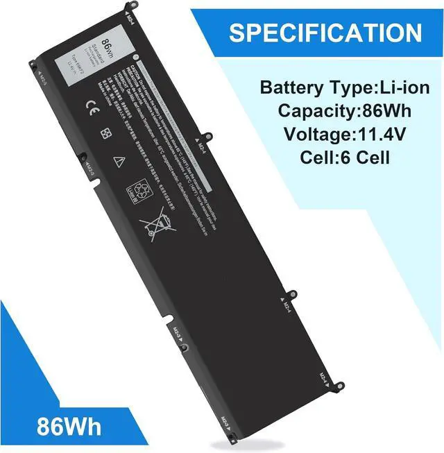 Alt view image 3 of 7 - 15 9500 69KF2 86Wh Battery for Dell Alienware M16 R3 M17 R3 P87F P91F P45E | for XPS 15 9500 9510 9520 for Dell inspiron 16 Plus 7610 7620 for Precision 5550 5560 5570 G7 15 7500 70N2F M59JH