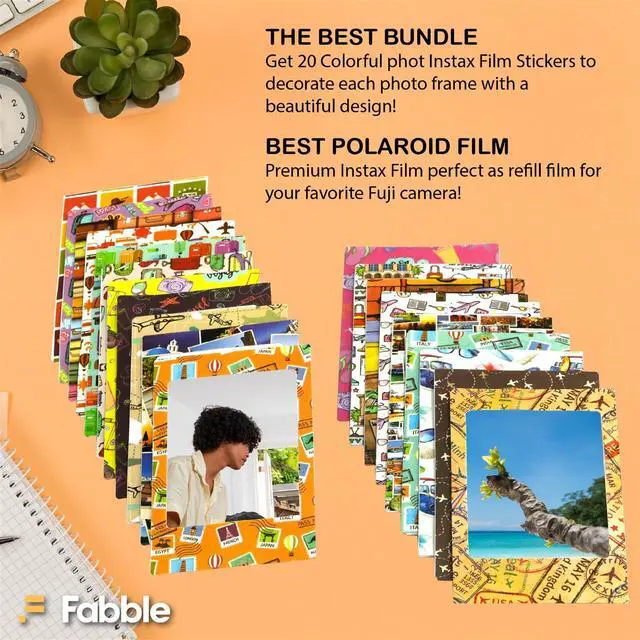 Alt view image 5 of 7 - Instax Mini Instant Film Twin Pack 20 Sheets Bundle with 20 Decorative Sticker Frames and Camera Lens Cleaning Cloth Perfect for Scrapbooks, Parties, and Gifts