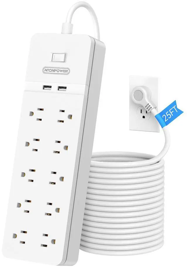 Main image of 25 Ft Extension Cord,Power Strip with 10 Widely Spaced Outlets 2 USB Ports, Overload Protection, Wall Mountable for Indoor, Home, Office or Garage,White