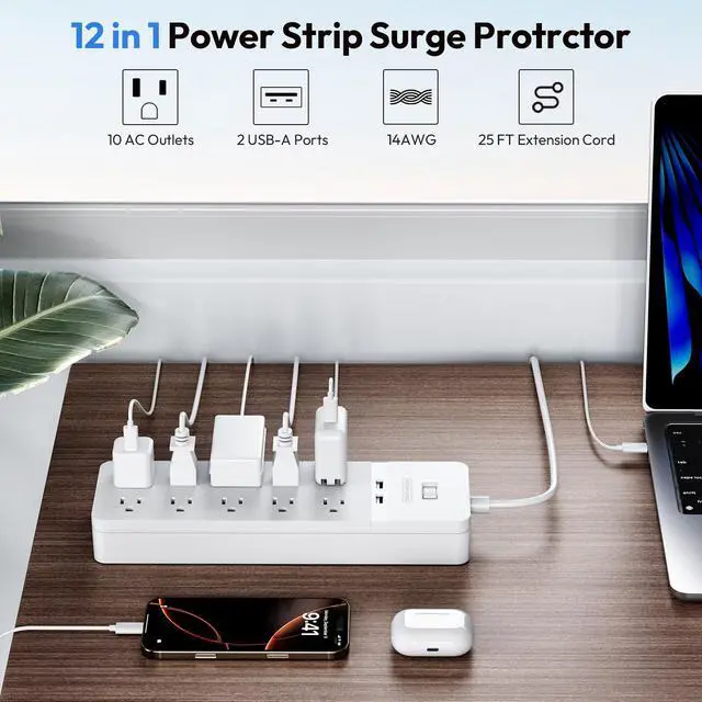 Alt view image 3 of 7 - 25 Ft Extension Cord,Power Strip with 10 Widely Spaced Outlets 2 USB Ports, Overload Protection, Wall Mountable for Indoor, Home, Office or Garage,White