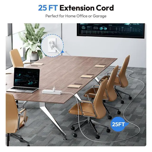 Alt view image 2 of 7 - 25 Ft Extension Cord,Power Strip with 10 Widely Spaced Outlets 2 USB Ports, Overload Protection, Wall Mountable for Indoor, Home, Office or Garage,White