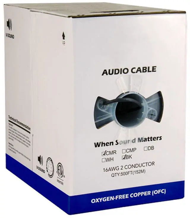 Main image of Audio Cable, 16AWG, 2 Conductor, 65 Strand, 500 ft, PVC Jacket, Pull Box, Black