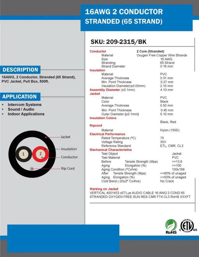 Alt view image 3 of 4 - Audio Cable, 16AWG, 2 Conductor, 65 Strand, 500 ft, PVC Jacket, Pull Box, Black