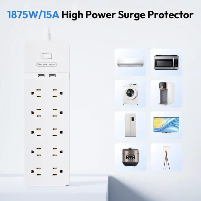 Alt view image 5 of 7 - 25 Ft Extension Cord,Power Strip with 10 Widely Spaced Outlets 2 USB Ports, Overload Protection, Wall Mountable for Indoor, Home, Office or Garage,White