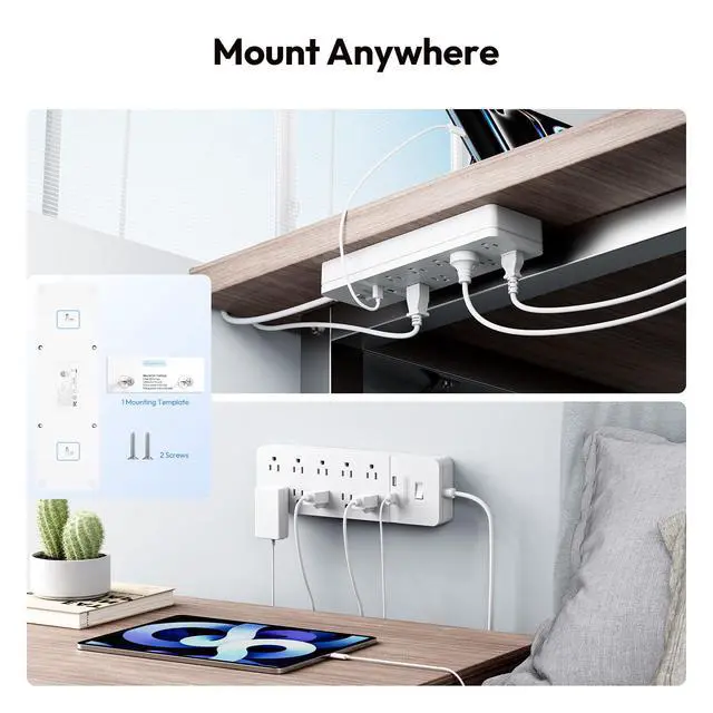 Alt view image 6 of 7 - 25 Ft Extension Cord,Power Strip with 10 Widely Spaced Outlets 2 USB Ports, Overload Protection, Wall Mountable for Indoor, Home, Office or Garage,White