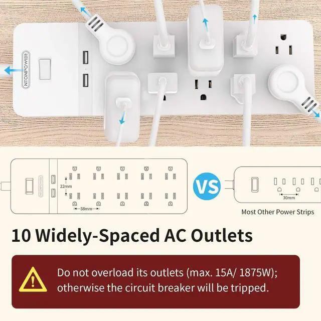 Alt view image 7 of 7 - 25 Ft Extension Cord,Power Strip with 10 Widely Spaced Outlets 2 USB Ports, Overload Protection, Wall Mountable for Indoor, Home, Office or Garage,White