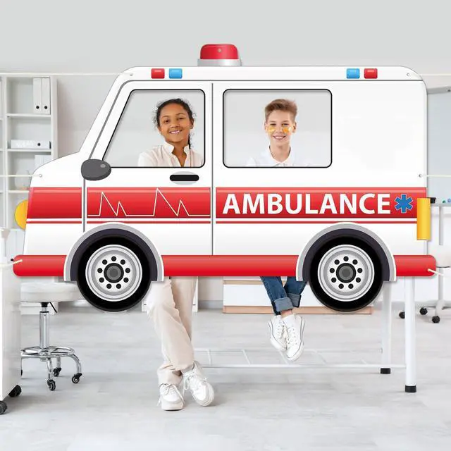 Alt view image 4 of 7 - 75 x 47 Inch Fabric Ambulance Photo Booth Prop Transportation Theme Party Decoration Nurse Week Hanging Background Hospital Nursing School Grad Party Supplies for Hospital Birthday Favor Car Decor