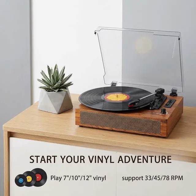 Alt view image 3 of 7 - Vinyl Record Player with Built-in Bluetooth, USB Recording, Stereo Speakers, Belt-Driven Vintage Record Player 3 Speeds & 3 Sizes, Portable, AUX Input LP Player