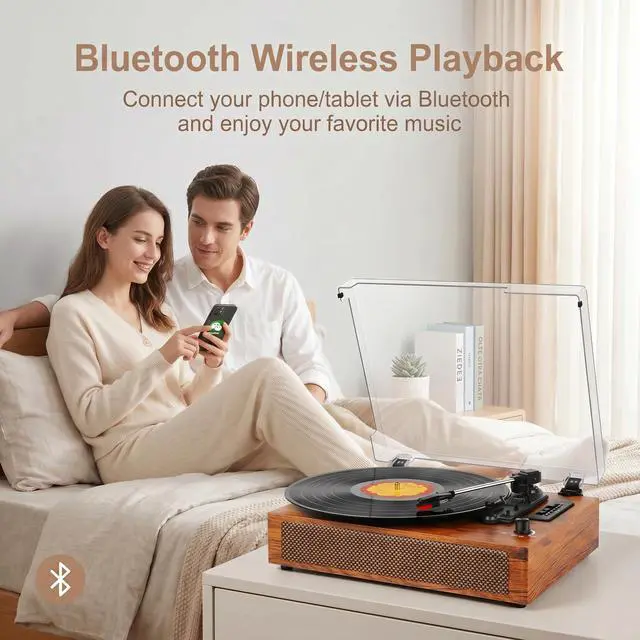 Alt view image 4 of 7 - Vinyl Record Player with Built-in Bluetooth, USB Recording, Stereo Speakers, Belt-Driven Vintage Record Player 3 Speeds & 3 Sizes, Portable, AUX Input LP Player
