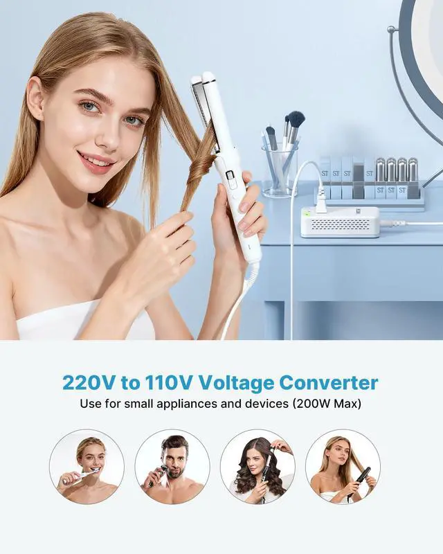 Alt view image 3 of 7 - Mini 220V to 110V Voltage Converter for US to EU UK AUS India, 200W | Type C/G/F/D/I Plugs, Universal Travel Adapter, 2 USB Ports(1 USB C), Step Down Power Converter for Curling Irons
