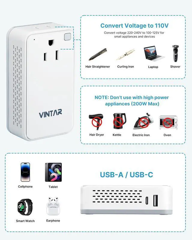 Alt view image 4 of 7 - Mini 220V to 110V Voltage Converter for US to EU UK AUS India, 200W | Type C/G/F/D/I Plugs, Universal Travel Adapter, 2 USB Ports(1 USB C), Step Down Power Converter for Curling Irons