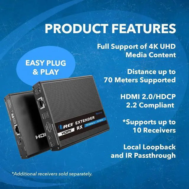 Alt view image 6 of 7 - HDMI Extender Using Cat7 230ft 4K@60Hz Two-Way IR Loop Out EDID S/PDIF | HDMI Over Ethernet, HDMI to CAT6 Converter Cascade to 10 RX, 18Gbps HDR 4:4:4, Zero Latency, Auto Downscaling, HDCP 2.2