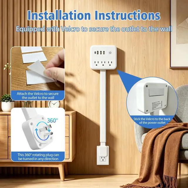 Alt view image 2 of 7 - 180° Rotating Outlet Extender Stick with 3 AC & 4 USB | Telescopic Extension, Behind Couch Space Saving, Surge Protector, 6-in-1 Multi Plug Wall Splitter Charging Station