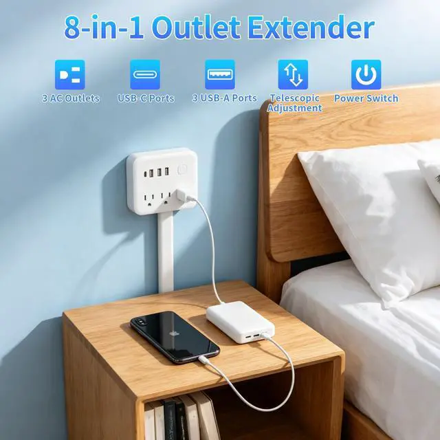 Alt view image 4 of 7 - 180° Rotating Outlet Extender Stick with 3 AC & 4 USB | Telescopic Extension, Behind Couch Space Saving, Surge Protector, 6-in-1 Multi Plug Wall Splitter Charging Station