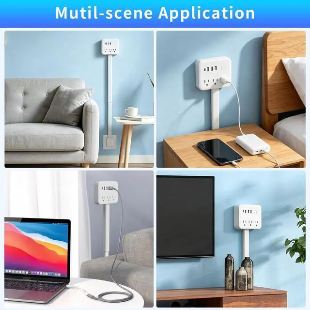 Alt view image 5 of 7 - 180° Rotating Outlet Extender Stick with 3 AC & 4 USB | Telescopic Extension, Behind Couch Space Saving, Surge Protector, 6-in-1 Multi Plug Wall Splitter Charging Station
