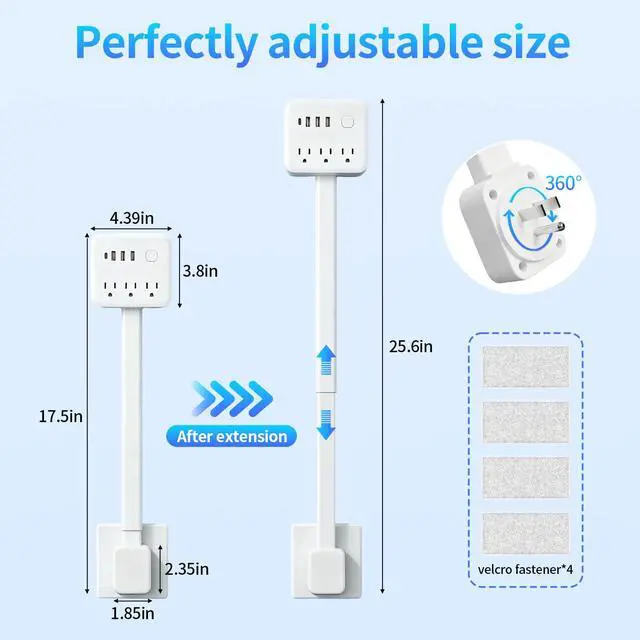 Alt view image 6 of 7 - 180° Rotating Outlet Extender Stick with 3 AC & 4 USB | Telescopic Extension, Behind Couch Space Saving, Surge Protector, 6-in-1 Multi Plug Wall Splitter Charging Station