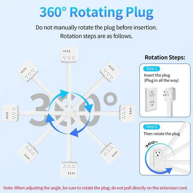 Alt view image 3 of 7 - 180° Rotating Outlet Extender Stick with 3 AC & 4 USB | Telescopic Extension, Behind Couch Space Saving, Surge Protector, 6-in-1 Multi Plug Wall Splitter Charging Station
